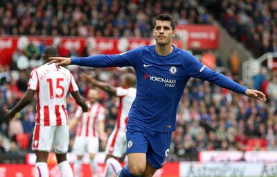 Chelsea's Alvaro Morata celebrates scoring his side's first goal of the game during the English Premier League soccer match between Stoke City and Chelsea at the bet365 Stadium, Stoke-on-Trent, England, Saturday, Sept. 23, 2017. (Nigel French/PA via AP)