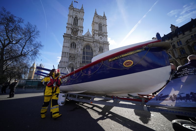 A Royal National Lifeboat Institution lifeboat outside Westminster Abbey in London before a service of thanksgiving to mark the 200th anniversary of the RNLI. The William Riley is an oar-powered 34-foot Rubie class lifeboat built in 1909, which was operational until 1931. PA
