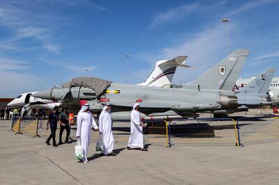 A Royal Air Force Eurofighter Typhoon FGR 4 fighter aircraft at the 2023 Dubai Airshow. AFP
