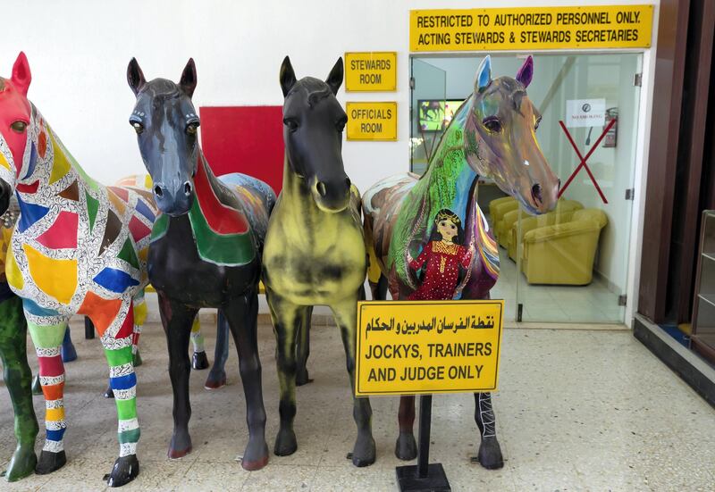 Dubai, United Arab Emirates - Reporter: N/A: Photo Project. Brightly painted statues of horses outside the trainers and jockeys room at Jebel Ali Racecourse. Friday, March 20th, 2020. Jebel Ali Racecourse, Dubai. Chris Whiteoak / The National