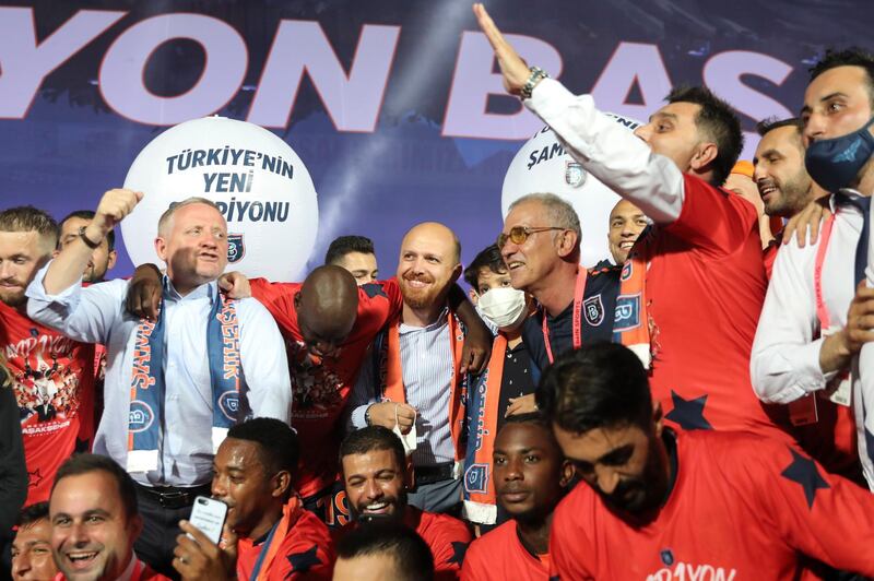 Bilal Erdogan, son of Turkish President Recep Tayyip Erdogan and Basaksehir's players celebrate winning the Turkish Super League Championship. EPA