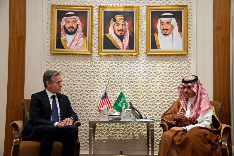 Saudi Foreign Minister Prince Faisal bin Farhan meets Mr Blinken, in Riyadh. AFP