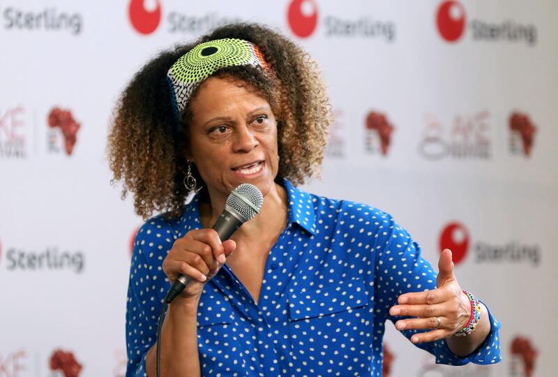 FILE PHOTO: Booker Prize-winning author Bernardine Evaristo speaks at the Ake literary festival, in Nigeria's commercial capital Lagos, Nigeria October 26, 2019. Picture taken October 26, 2019. REUTERS/Temilade Adelaja/File Photo