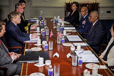 Secretary of Defence Lloyd Austin speaks during a meeting with UK Defence Secretary Grant Shapps. Getty Images / AFP