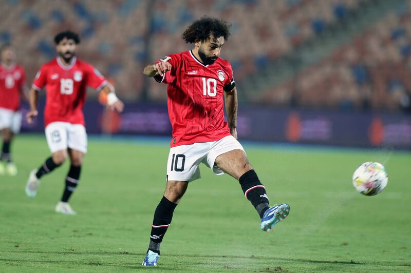 Mohamed Salah has a shot on goal during the 2026 World Cup qualifier. EPA