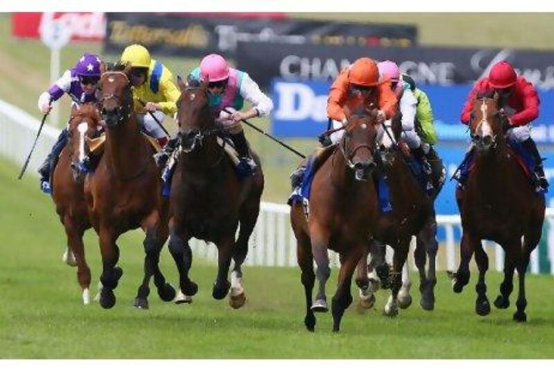 JJ The Jet Plane, ridden by Kevin Shea (pink cap, third from left), in action at Newmarket. Mike Hewitt / Getty Images