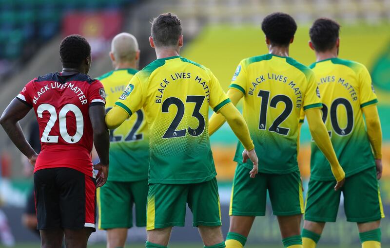 Southampton's Michael Obafemi alongside Kenny McLean, Jamal Lewis and Josip Drmic of Norwich City. Getty