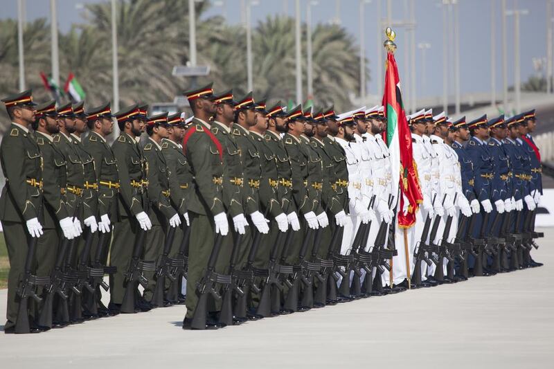 The Armed Forces Honour Guard participates in a Commemoration Day ceremony near the Sheikh Zayed Grand Mosque. Razan Alzayani for Crown Prince Court