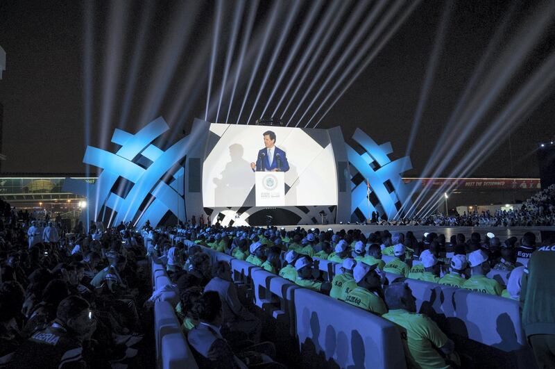 ABU DHABI, UNITED ARAB EMIRATES - March 17, 2018: Timothy Shriver Chairman of the Special Olympics (C - on screen), delivers a speech during the opening ceremony of the Special Olympics IX MENA Games Abu Dhabi 2018, at the Abu Dhabi National Exhibition Centre (ADNEC).
( Ryan Carter for the Crown Prince Court - Abu Dhabi )