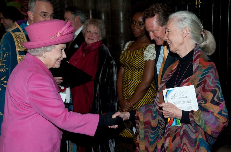 Queen Elizabeth II and Dr Goodall DBE after the annual Commonwealth Day Observance Service in March 2012 in London. Getty Images