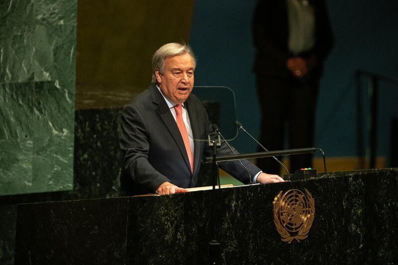 Antonio Guterres, secretary-general of the United Nations (UN), speaks during the UN General Assembly meeting in New York. President Donald Trump will take aim at Iran over its nuclear program and ambitions in the Middle East in his second address to the United Nations General Assembly on Tuesday. Bloomberg