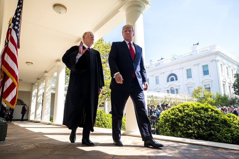 epa06845381 (FILE) - US President Donald J. Trump (L) and Supreme Court Justice Anthony M. Kennedy (R) depart after Kennedy administered the judicial oath to Gorsuch in the Rose Garden of the White House in Washington, DC, USA, 10 April 2017 (issued 27 June 2018). Justice Anthony M. Kennedy announced that he is retiring from the US Supreme Court and will step down on 31 July.  EPA/JIM LO SCALZO