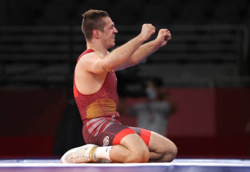 Tamas Lorincz of Hungary reacts as he wins the men's -77kg Greco-Roman wrestling gold.