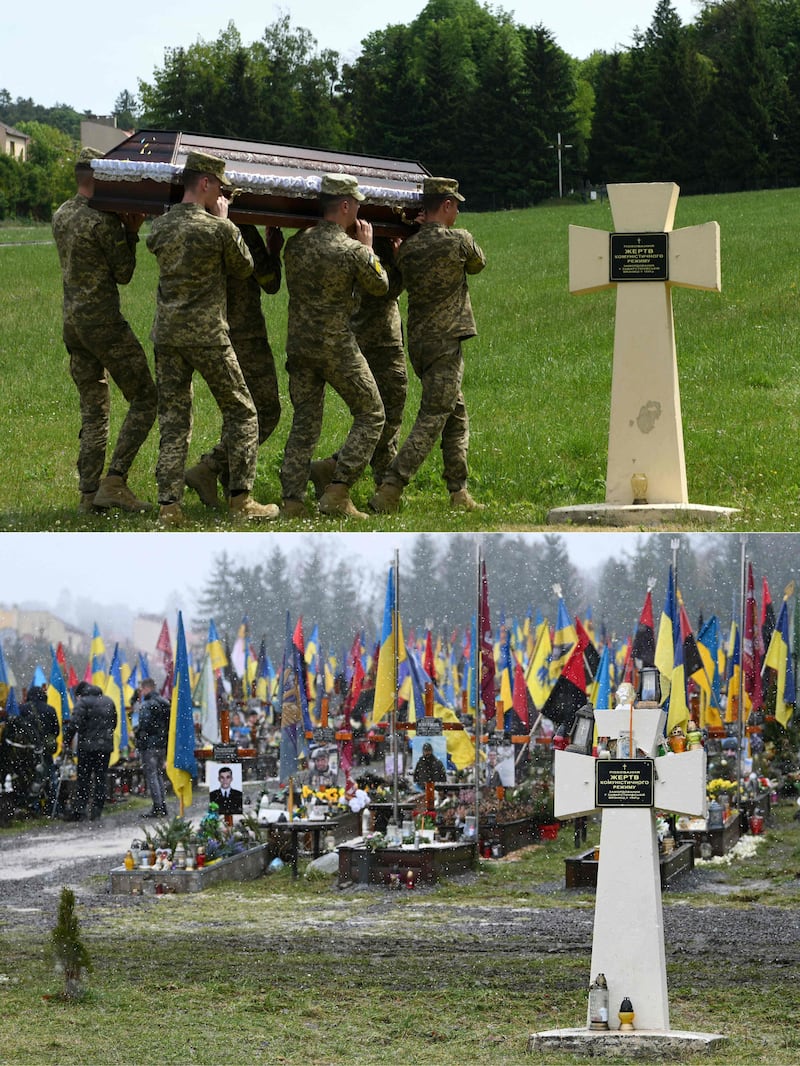 Ukrainian soldiers at Lychakiv cemetery in Lviv in May 2022, top, carry the coffin of a colleague killed during the Russian invasion. Below, the graves of Ukrainian soldiers at the cemetery on February 8, 2024. AFP