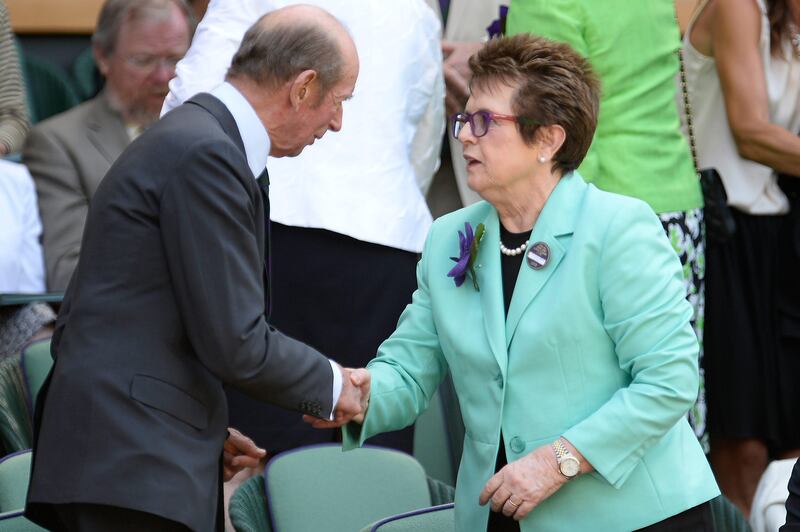 LONDON, ENGLAND - JULY 06:  Billie Jean King greets Prince Edward, Duke of Kent in the Royal Box on Centre Court before the Ladies' Singles final match between Sabine Lisicki of Germany and Marion Bartoli of France on day twelve of the Wimbledon Lawn Tennis Championships at the All England Lawn Tennis and Croquet Club on July 6, 2013 in London, England.  (Photo by Dennis Grombkowski/Getty Images) *** Local Caption ***  173066833.jpg