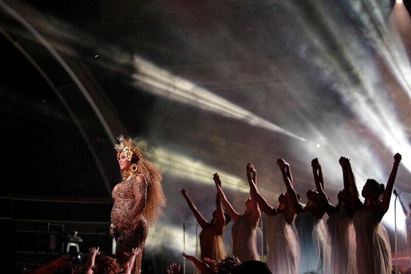 LOS ANGELES - FEBRUARY 12: Beyonce performs during THE 59TH ANNUAL GRAMMY AWARDS, broadcast live from the STAPLES Center in Los Angeles, Sunday, Feb. 12 (8:00-11:30 PM, live ET/5:00-8:30 PM, live PT; 6:00-9:30 PM, live MT) on the CBS Television Network.   (Photo by Francis Specker/CBS via Getty Images)