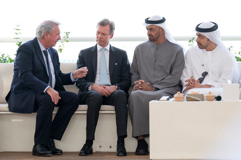 Sheikh Mohamed and Sheikh Abdullah bin Zayed, Minister of Foreign Affairs and International Co-operation, speak to Grand Duke Henri and Mr Asselborn at the barza.
