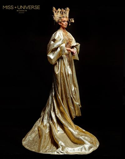 For the Miss Universe competition, Evlin Khalifa will wear this golden look by Amato in the national dress segment. Photo: Miss Bahrain