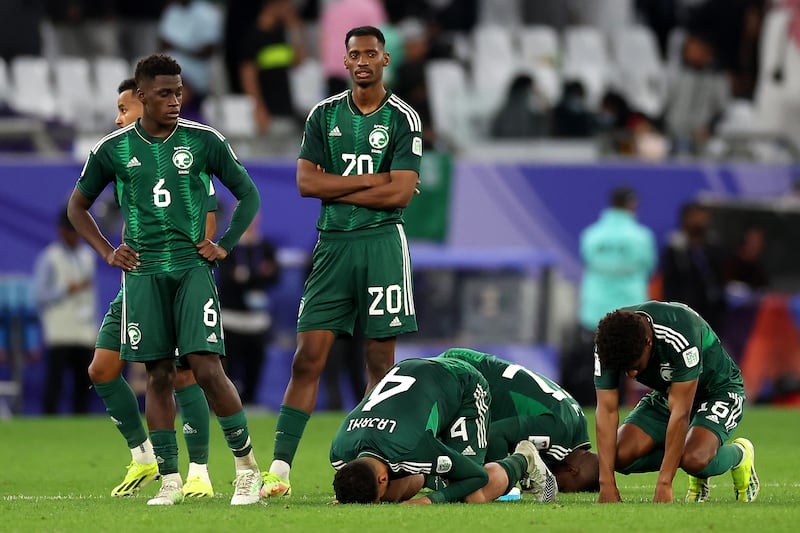 Dejected Saudi Arabia's players after their penalty shootout defeat to South Korea in the Asian Cup last-16 game at Education City Stadium on January 30, 2024, in Al Rayyan. Getty Images