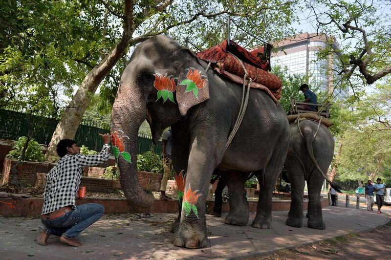 An Indian mahout decorates the trunk of an elephant with a party logo close to the Bharatiya Janata Party headquarters in New Delhi, India. Roberto Schmidt / AFP