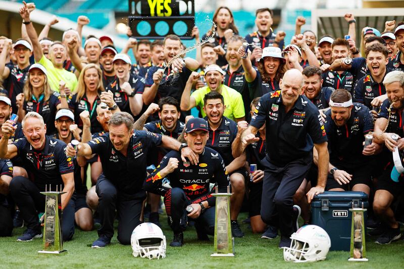 Max Verstappencelebrates with his Red Bull team after winning the Miami Grand Prix on May 7, 2023. AFP