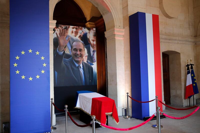 The coffin of late French President Jacques Chirac is pictured at the Invalides monument in Paris. AP Photo