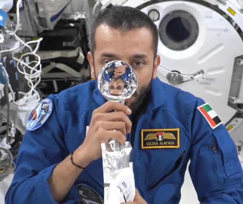 Sultan Al Neyadi demonstrates how water is used on board the International Space Station. Photo: Dubai Media Office