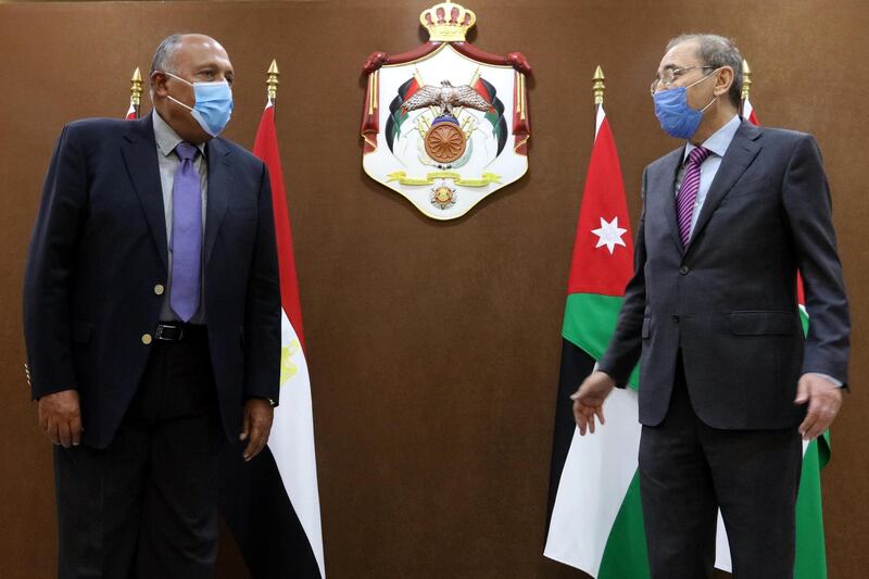 Jordanian Foreign Minister Ayman Safadi meets with Egyptian Foreign Minister Sameh Shoukry in Amman.  EPA