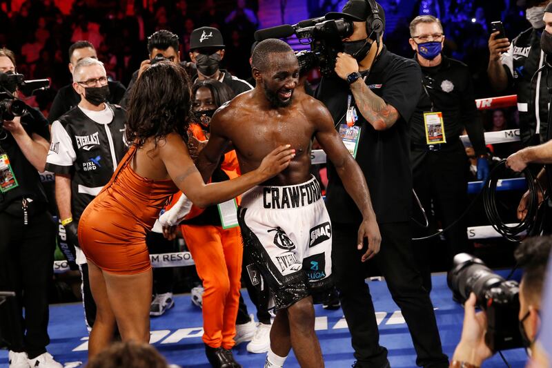 Terence Crawford celebrates after defeating Shawn Porter in Las Vegas. AP Photo