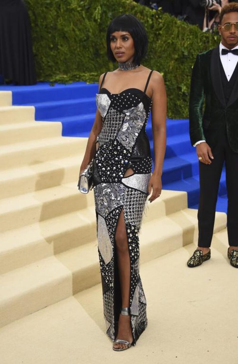 Kerry Washington looks every bit futuristic in a Michael Kors patchworked gown, choker and sleek bob. Evan Agostini / Invision / AP