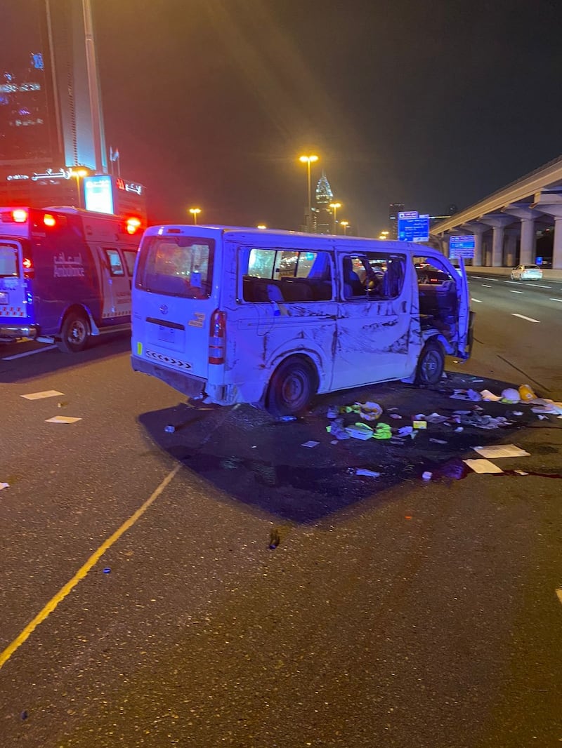 A minibus collided with a motorcycle on January 27. The accident happened on an internal road along Al Asayel Street, towards Discovery Gardens. Photo: Dubai Police