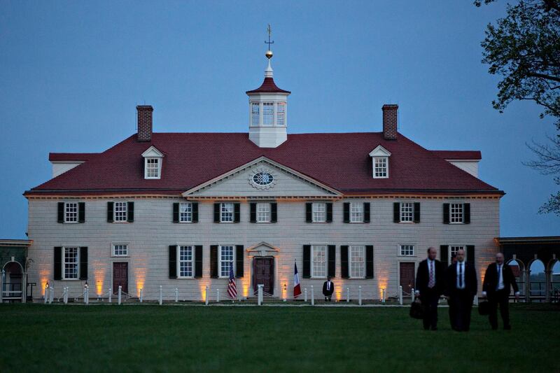 A view of the mansion at the Mount Vernon estate of first US President George Washington during a dinner between US President Donald Trump and French President Emmanuel Macron in Mount Vernon, Virginia, USA, on April 23, 2018. Andrew Harrer / EPA