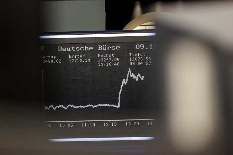 A spike in the Dax Index curve indicates a stock price rally at the Frankfurt Stock Exchange, operated by Deutsche Boerse AG, in Frankfurt, Germany, on Monday, Nov. 9. 2020. The clearest sign yet of progress on a Covid-19 vaccine is fueling a rally across global stock markets. Photograph: Alex Kraus/Bloomberg