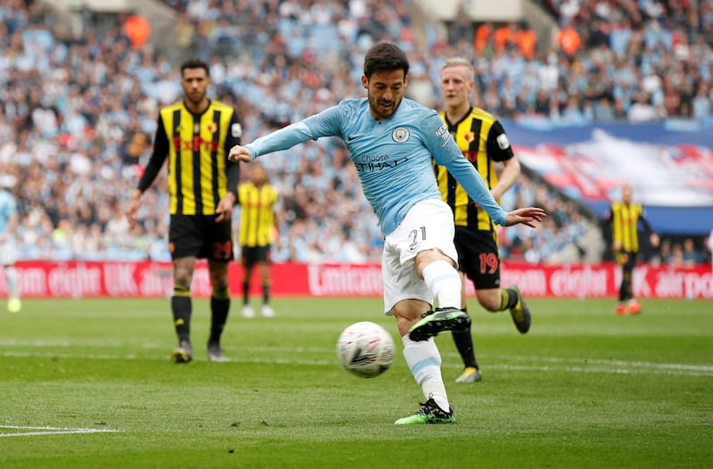 Manchester City's David Silva scores the first goal of the 2019 FA Cup final against Watford. Reuters