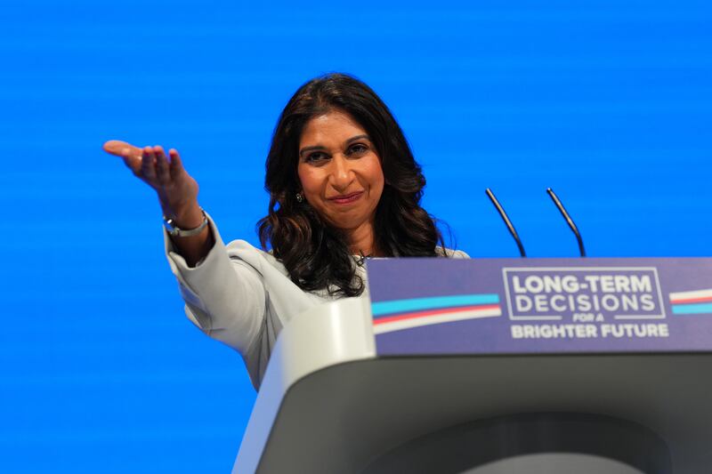 UK Home Secretary Suella Braverman pictured at the Conservative Party conference on October 3 in Manchester, England. Ms Braverman has been accused of stoking division by describing pro-Palestinian demonstrations as 'hate marches'. Getty