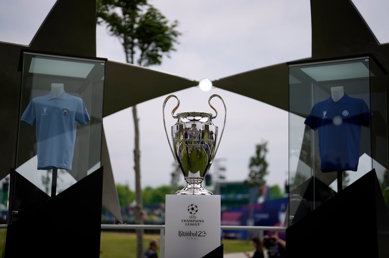 The Champions League trophy on display in Istanbul, Turkey, ahead of Saturday's final between Manchester City and Inter Milan. AP