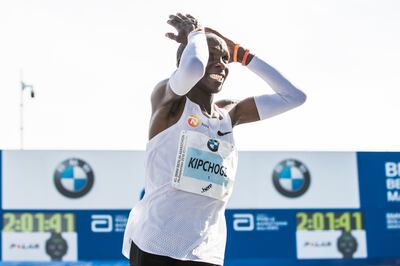 BERLIN, GERMANY - SEPTEMBER 16: Eliud Kipchoge of Kenya celebrates after winning the Berlin Marathon 2018 in a new world record time of 2:01:39 on September 16, 2018 in Berlin, Germany. (Photo by Maja Hitij/Bongarts/Getty Images)