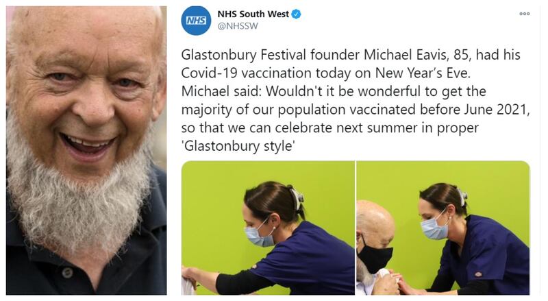 Michael Eavis, founder of Britain’s famous Glastonbury Festival, received his vaccination from the NHS, and has spoken about wanting to get the music festival back up and running as soon as possible. AFP, Twitter