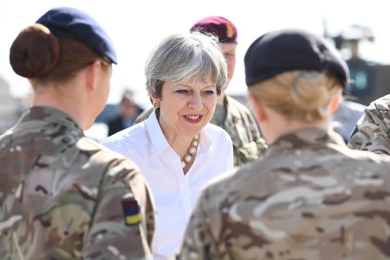 TAJI, IRAQ - NOVEMBER 29:  British Prime Minister Theresa May speaks with British soldiers at the Camp Taji military base on November 29, 2017 in Taji, Iraq. Theresa May has made a surprise visit to Iraq during a planned visit to the Middle East.  (Photo by Leon Neal/Getty Images)