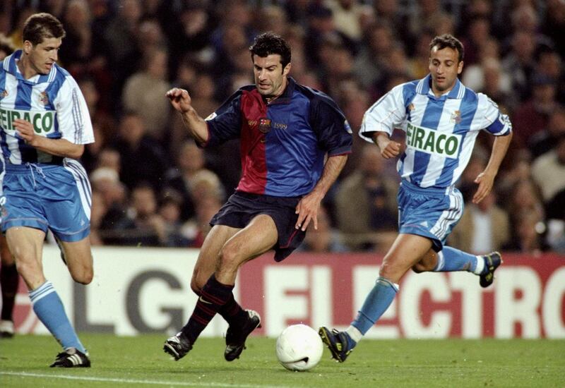 18 Mar 2000:  Luis Figo Of Barcelona moves through the midfield during the Spanish Primera Lig A game between Barcelona and Deportivo La Coruna at the Nou Camp stadium in Barcelona, Spain. The game finished 2-1 to Barcelona. \ Photo by Nuno Correia. \ Mandatory Credit: AllsportUK  /Allsport