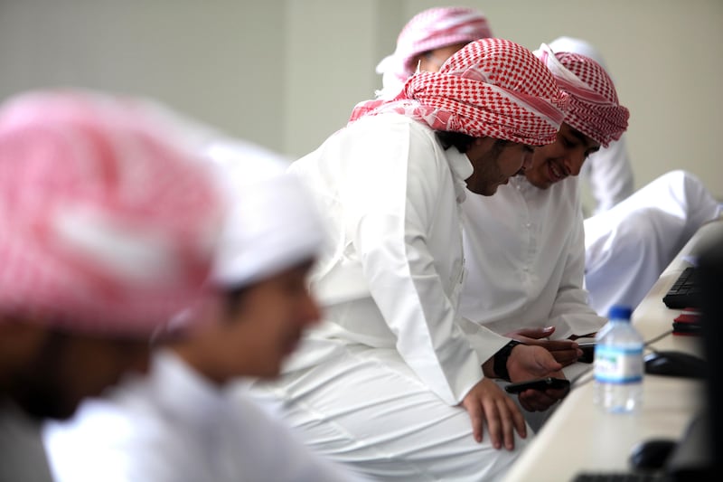 (Al Ain September 9, 2012) Students attend the first day of school at the men's campus of UAE University in Al Ain September 9, 2012. (Sammy Dallal / The National)
