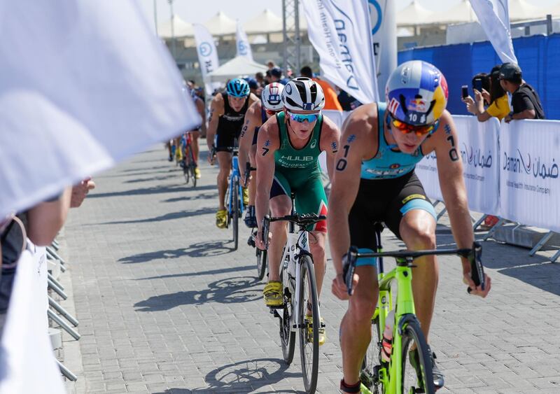 Abu Dhabi, United Arab Emirates, March 8, 2019.  Elite Division ITU Traiathlon at the YAS Marina Circuit. --  Start of the second stage of the  triathlon, bike.
Victor Besa/The National
Section:  NA
Reporter:  Haneen Dajani