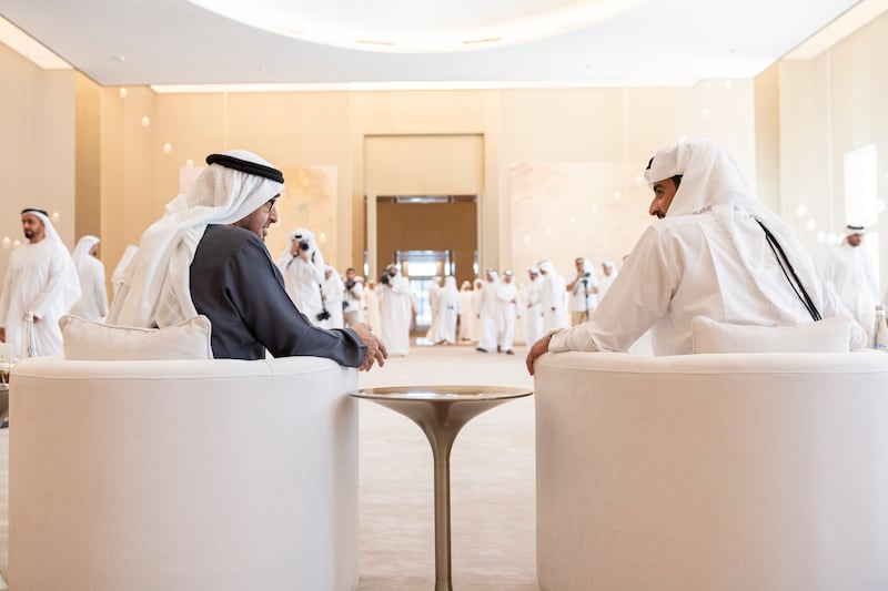 Sheikh Mohamed speaks with Sheikh Tamim. Photo: Ryan Carter / UAE Presidential Court