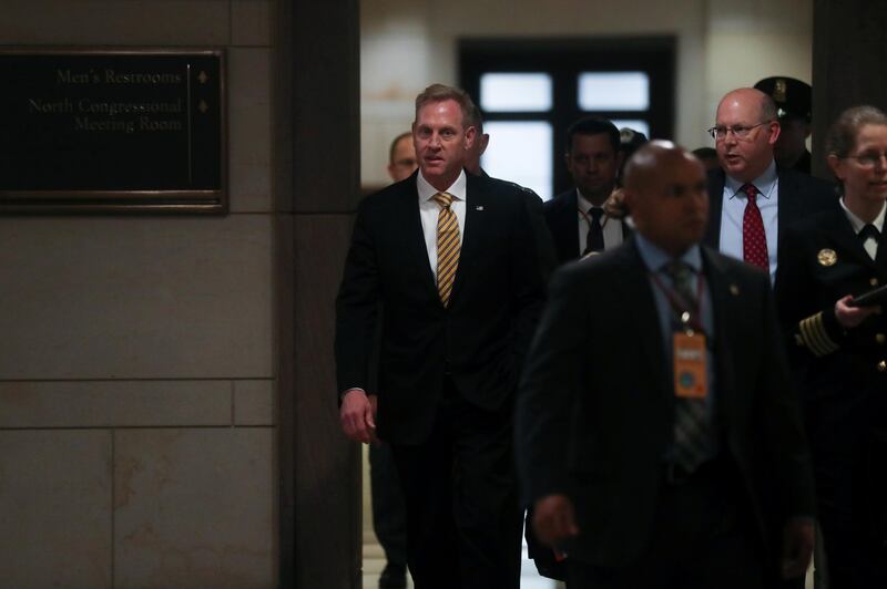 U.S. Acting Defense Secretary Patrick Shanahan arrives to hold a classified briefing on Iran, with Secretary of State Mike Pompeo and Chairman of the Joint Chiefs U.S. Marine Corps General Joseph Dunford, for members of the House of Representatives on Capitol Hill in Washington, U.S., May 21, 2019.  REUTERS/Jonathan Ernst