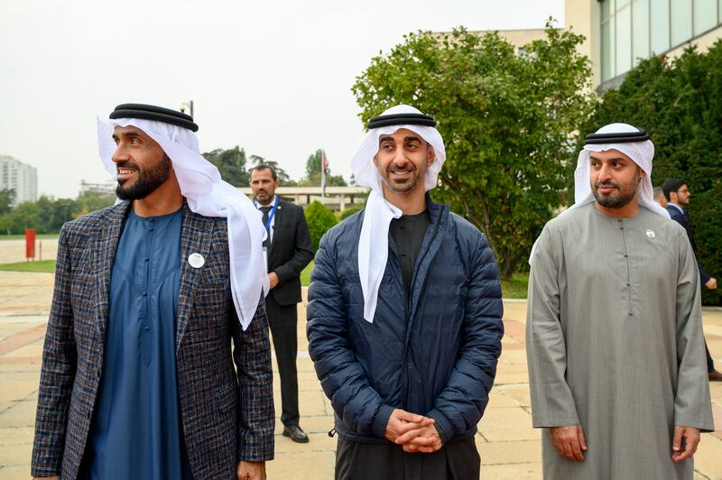Sheikh Nahyan bin Zayed, Chairman of the Board of Trustees of Zayed bin Sultan Al Nahyan Charitable and Humanitarian Foundation, Sheikh Hamdan bin Mohamed bin Zayed and Sheikh Mohamed bin Hamad bin Tahnoon attend a reception at the Palace of Serbia. Photo: Mohamed Al Hammadi / Presidential Court