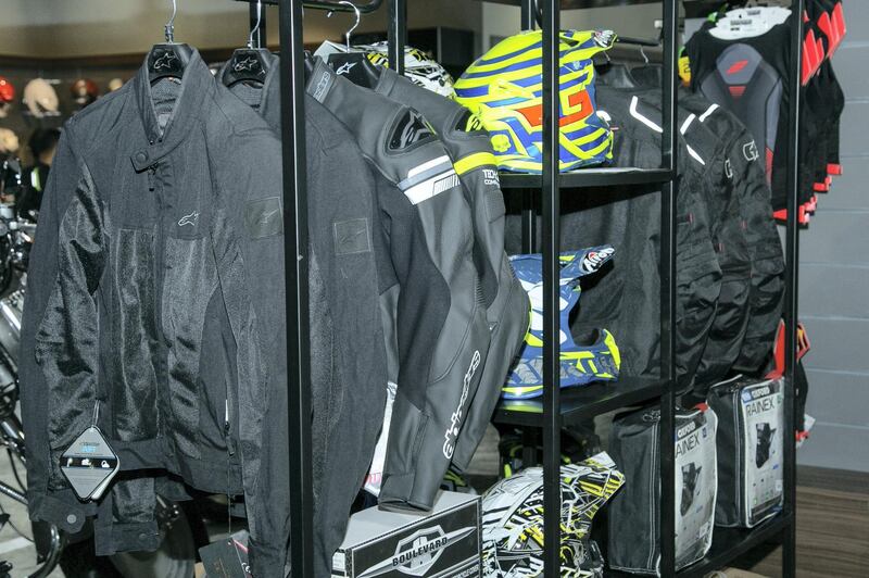 Jackets and helmets on display. Supplied