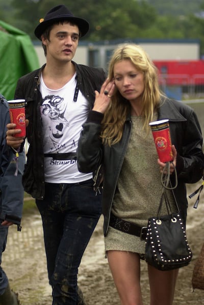 Kate Moss and Pete Doherty at the 2005 Glastonbury Music Festival in Somerset, England. Getty