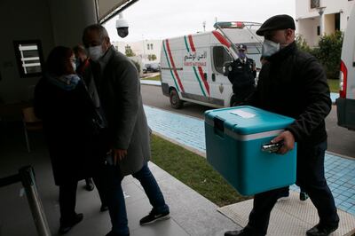 Police and security services on site as the Oxford AstraZeneca COVID-19 vaccine is deliverd, on the second day of the vaccination campaign, at Cheikh Khalifa Hospital in Casablanca, Morocco, Saturday, Jan. 30, 2021.  A mass vaccination effort began Friday in the North African country after the king got Morocco's first injection. The bustling vaccination center is one of 600 set up in Rabat alone and aims to vaccinate more than 4,000 health professionals within three weeks. (AP Photo/Abdeljalil Bounhar)