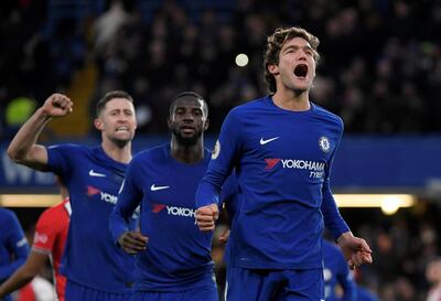 Soccer Football - Premier League - Chelsea vs Southampton - Stamford Bridge, London, Britain - December 16, 2017   Chelsea's Marcos Alonso celebrates scoring their first goal     REUTERS/Toby Melville    EDITORIAL USE ONLY. No use with unauthorized audio, video, data, fixture lists, club/league logos or "live" services. Online in-match use limited to 75 images, no video emulation. No use in betting, games or single club/league/player publications.  Please contact your account representative for further details.