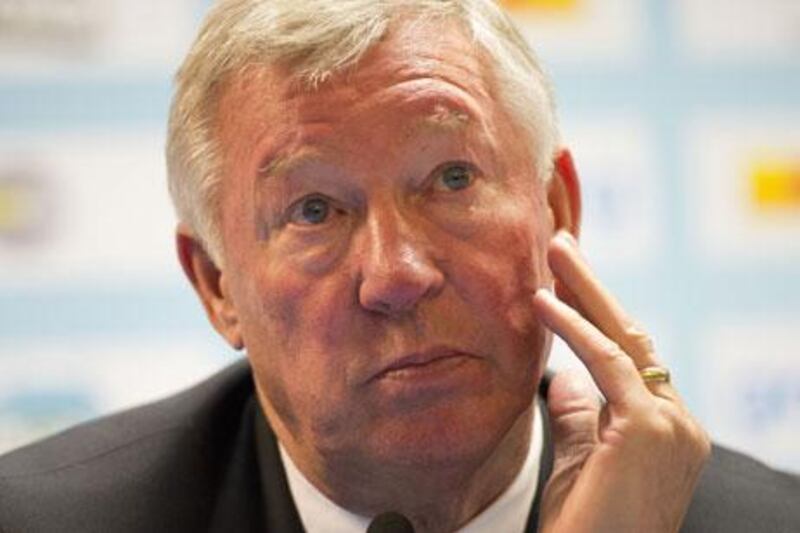 An unhappy Sir Alex Ferguson at the press conference after his side's 2-0 friendly defeat to Barcelona in Gothenberg
